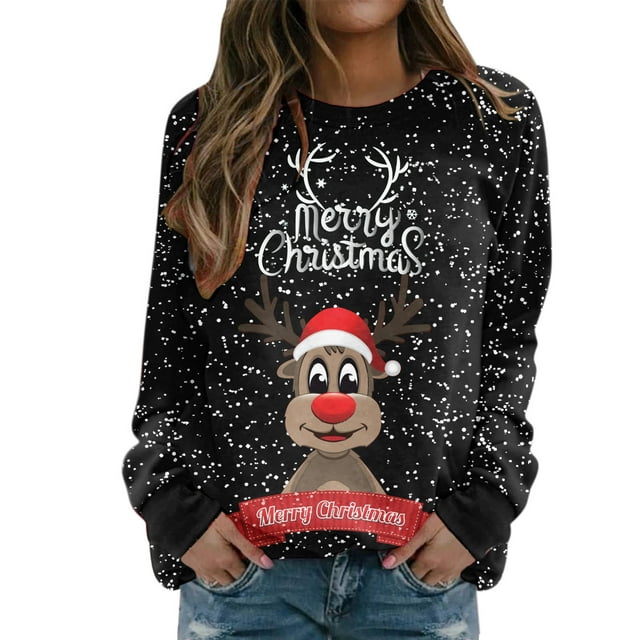 Chandail en Molleton de Noël pour Femmes Imprimé Mode Pull de Vacances Xmas Extérieur Cardigan à Manches Longues Col Rond Pull Chaud Veste Mi-Longue
