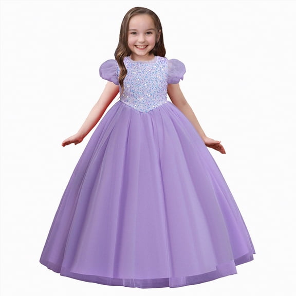 Gubotare Dresses for Little Girls Toddler Girls Tulle Summer Puff Sleeve Baby Girls Tutu Princess Party Casual Dress Size 7-8 (Purple,7-8 Years)