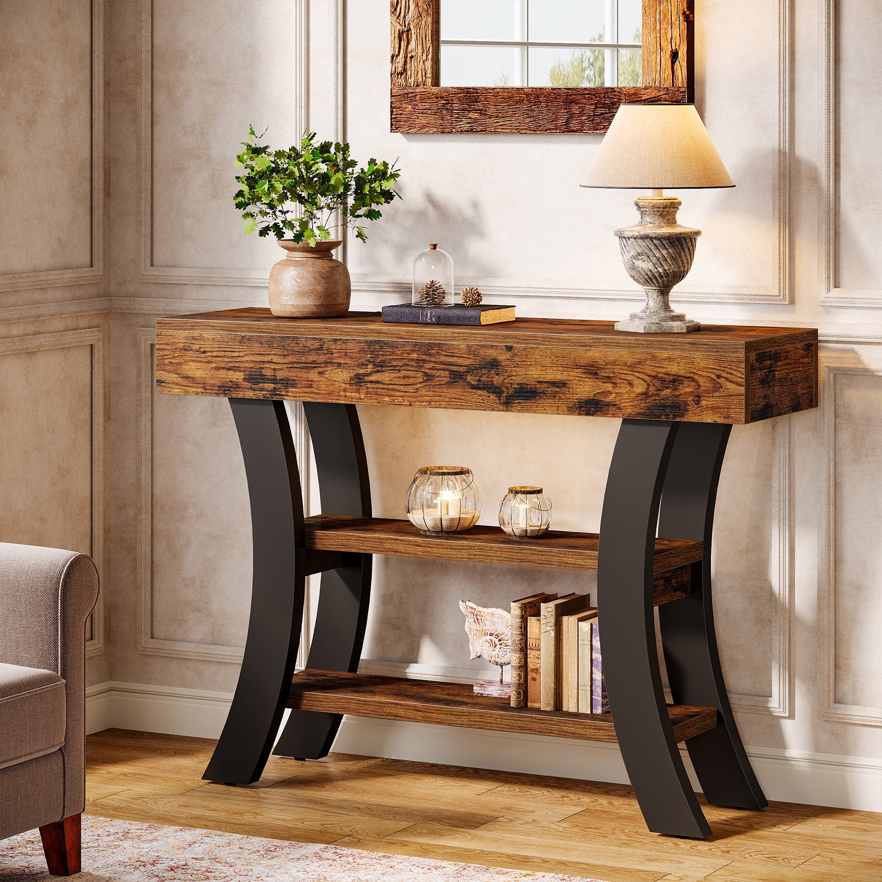 Tribesigns 41" Small Entryway Console Sofa Table with Storage Shelves for Living Room, Hallway, Foyer, Rustic Brown