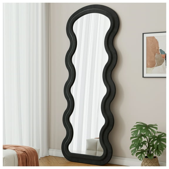 Flannel Full Length Floor Mirror with Stand - Wavy Bedroom Mirror - Black Standing Mirror - Living Room Irregular Mirror - Wall or Floor Use Black   Metal Synthetic Wood Mirror
