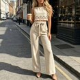 thumbnail image 4 of Women's 2 Piece Outfits Lounge Sets Women Fashion Casual Solid Color Neck Sleevelesstank Top Straight Leg Pants Set Khaki S, 4 of 5