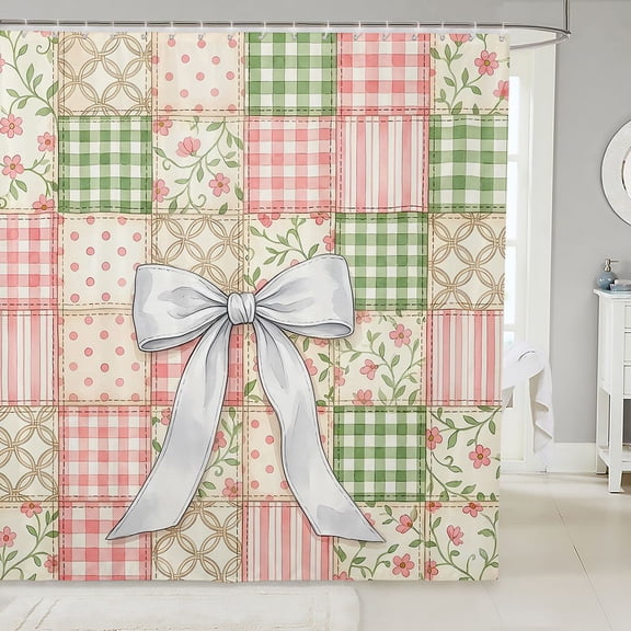 Manfei Patchwork Plaid Bow Shower Curtain 72Wx72L,Floral Stitch Bathroom Curtain