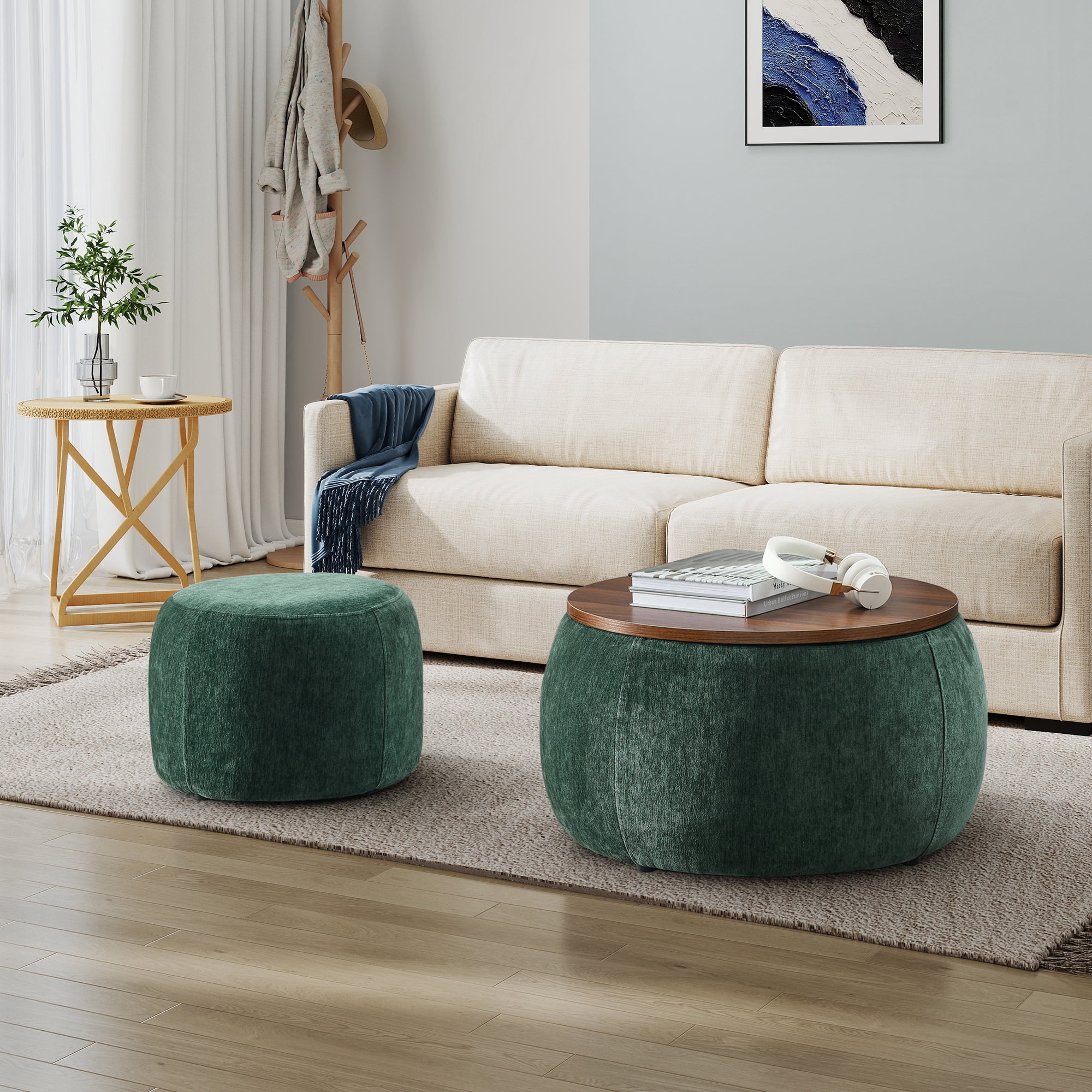 Aukfa 2pc Round Storage Ottoman, Chenille Upholstered Pouf Foot Rest Stools, Coffee End Table for Living Room, Bedroom, Dorm, Green