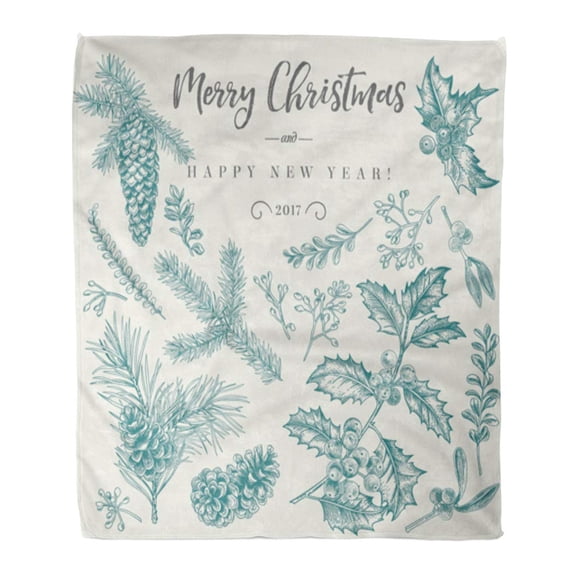 SIDONKU Flannel Throw Blanket Christmas Plants Botanical Branch of Holly Spruce Pine Boxwood Soft for Bed Sofa and Couch 50x60 Inches