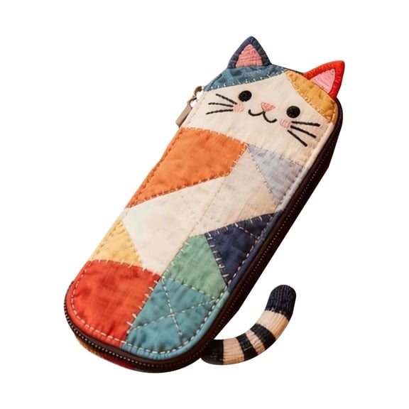 Clearance Under $1.2! 1 Pack Cute Patchwork Cat Pencil Case, Large Capacity Embroidered Stationery Organizer, Quilted Storage Pouch with Zipper