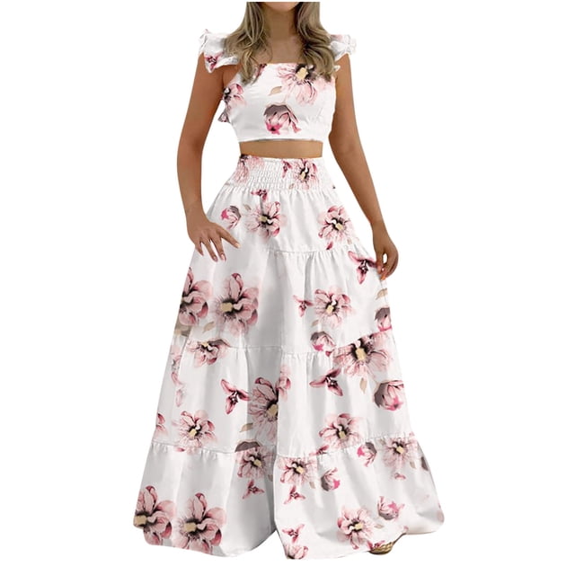 Conjunto de falda y top de manga corta informal con estampado floral de verano para mujer a la moda Wmkox8yi bvn3346