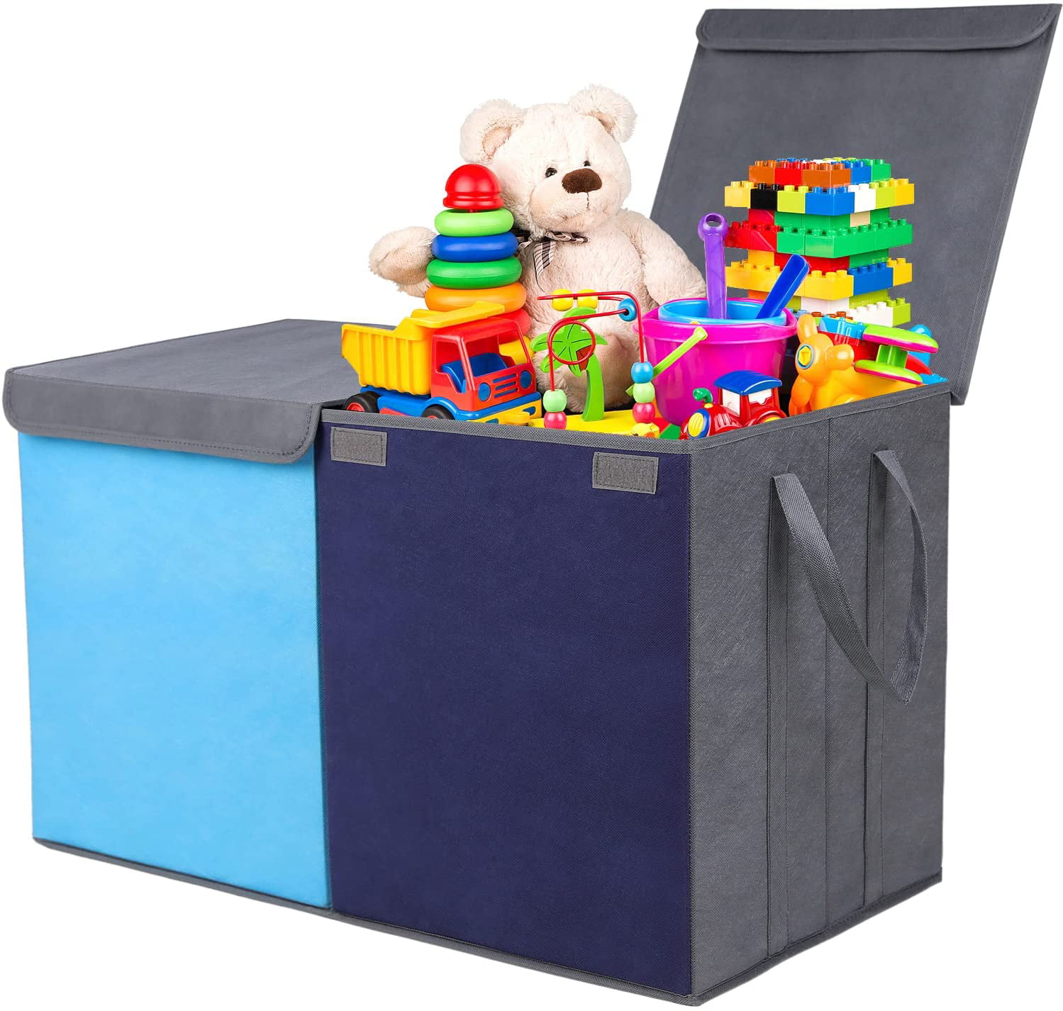 Easily Categorized Double Color Double Space Large Toy Storage Bins with Lids Collapsible Stackable Toy Box/Chest/Organizer/Basket with Handles for Boys Girls Baby Storage Containers for Kids Clothes Book Lego V-Blue