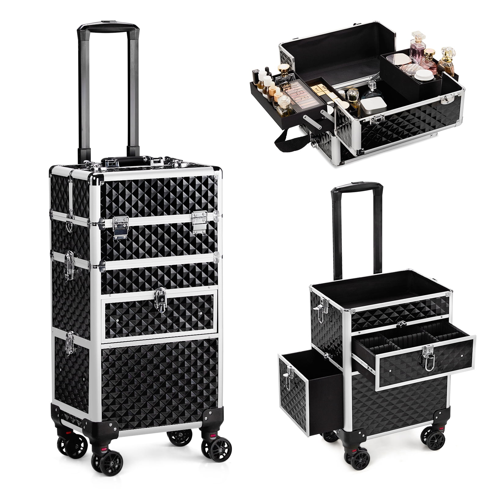 Cosmetic Case 2-in-1 Sliding Suitcase with Rails Detachable Caster Wheel Storage Box, Black 13.39*9.45*28.54in