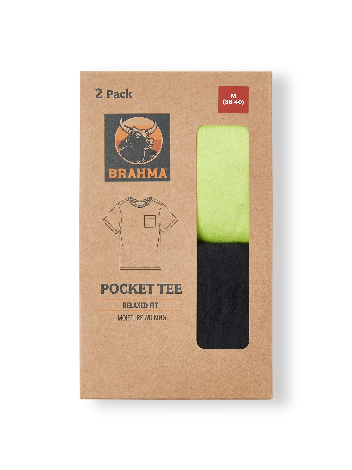 Brahma Men's Pocket T-Shirts Moisture-Wicking Short Sleeve Work Shirt, Black/Yellow, 2-Pack