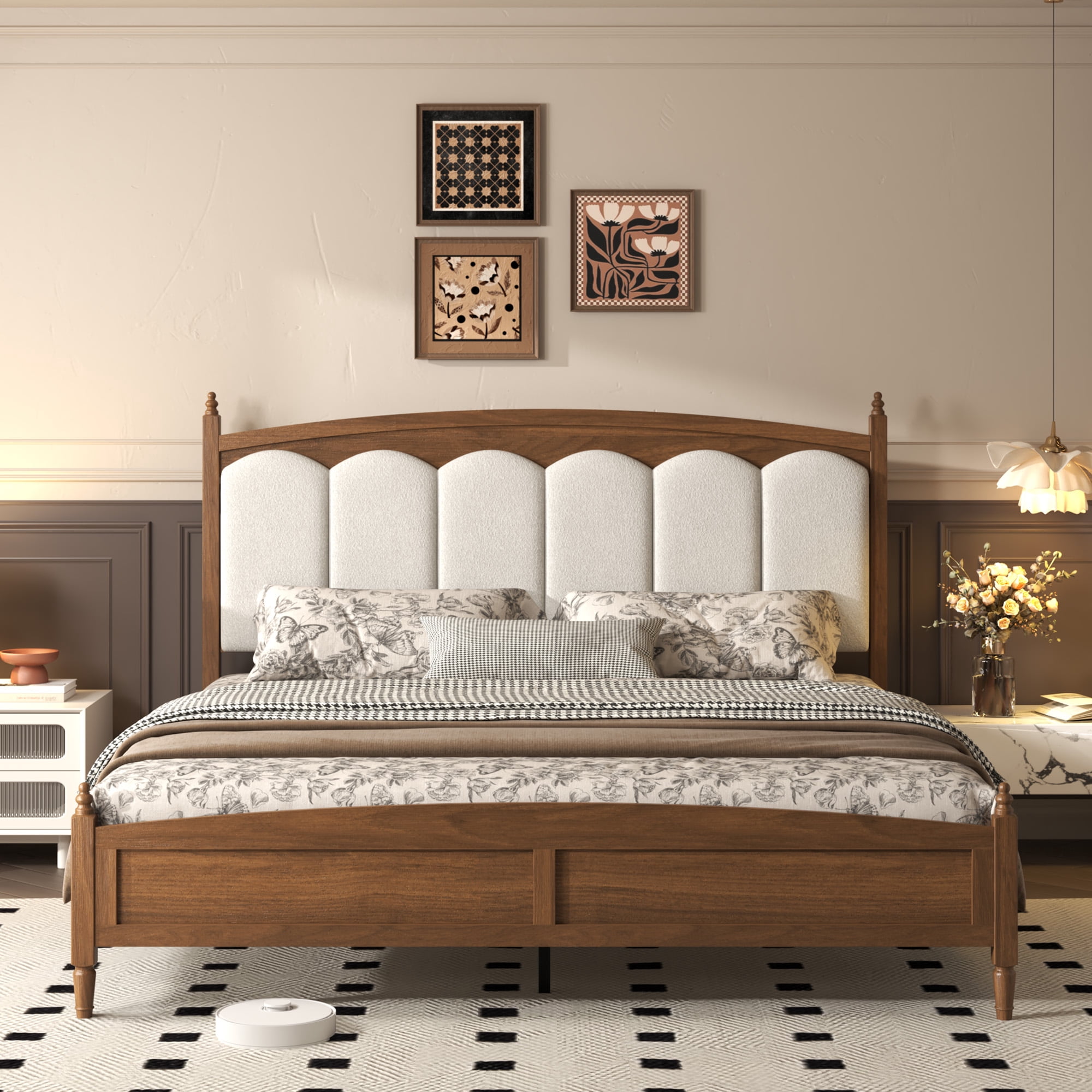 BSHTI King Size Platform Bed with Fabric Upholstered Headboard – Farmhouse Style Brown Engineered Wood – No Box Spring Needed, Noise-Free, Easy Assembly for Bedroom(Brown)