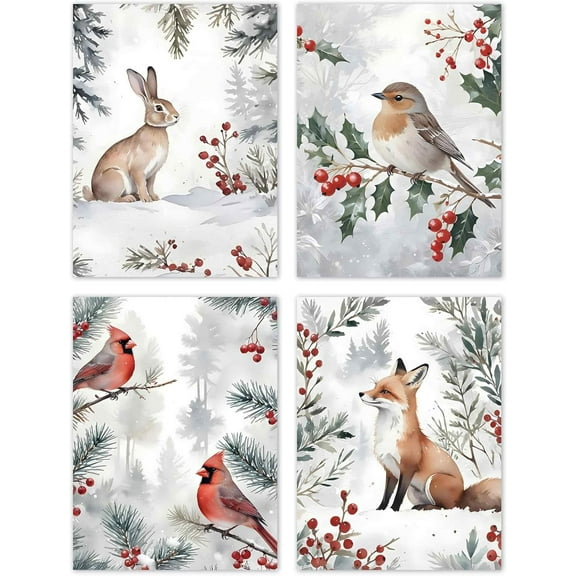 Hieng Vintage Winter Christmas Posters Prints Unframed Set of 4, Rustic Christmas Tree Wall Art Prints Decor for Living Room Bedroom Reading Nook Corner, Santa Claus Books Wall Pictures