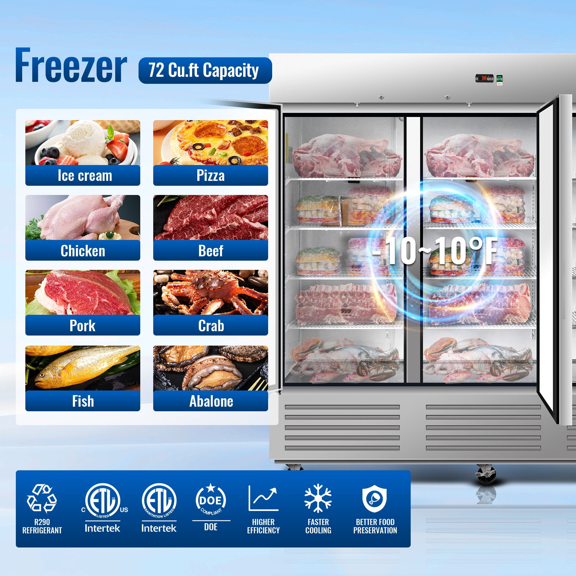 81" Commercial Expandable Upright Freezer, 3-Door Stainless Steel, 72 Cu.Ft., Adjustable Shelves, Auto Defrost, Digital Thermostat, LED Lighting