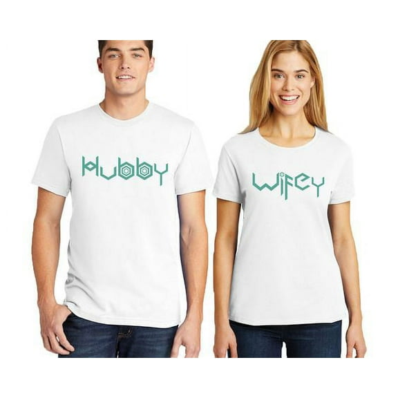 Matching Couple Shirts Hubby Wifey Men Women Couple Tshirts Printed Shirt (White/White) ( Men 2XL / Women S)
