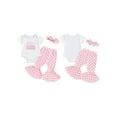 thumbnail image 3 of Aojekbee Baby Girl 3 Piece Outfit, Letter Embroidery Short Sleeve Romper Checkerboard Flare Pants Headband Toddler Summer Set, 3 of 10