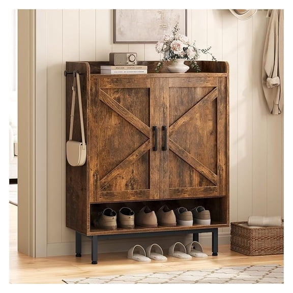 Shoe Storage Cabinet with Doors, Farmhouse Shoe Cabinet with 2 Adjustable Shelves and 4 Side , Wooden Shoe Rack Organizer Cabinet for Entryway, Foyer, Hallway, Rustic Brown