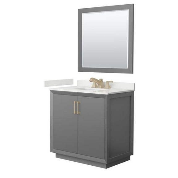 36 in. Single Bathroom Vanity in Dark Gray with White Quartz Countertop Undermount Square Sink 3-Hole & Satin Bronze Trim - 34 in. Mirror