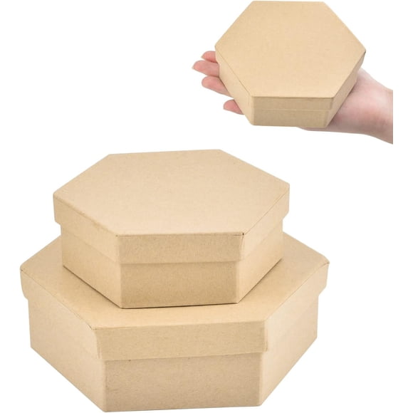 Boîtes en Papier Mâché WANDIC, Ensemble de 2 Petites Boîtes Hexagonales en Kraft avec Couvercles pour Économiser des Accessoires Cosmétiques Bijoux Cadeaux