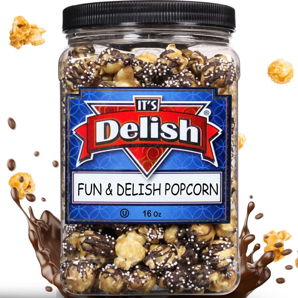 Fun & Delish Caramel Chocolate Popcorn by Its Delish, 16 Oz Jumbo Container - Festive Caramel and Chocolate Sweet Crunchy Popcorn Topped with Sprinkles of White Nonpareils - Air popped, Vegan, Kosher