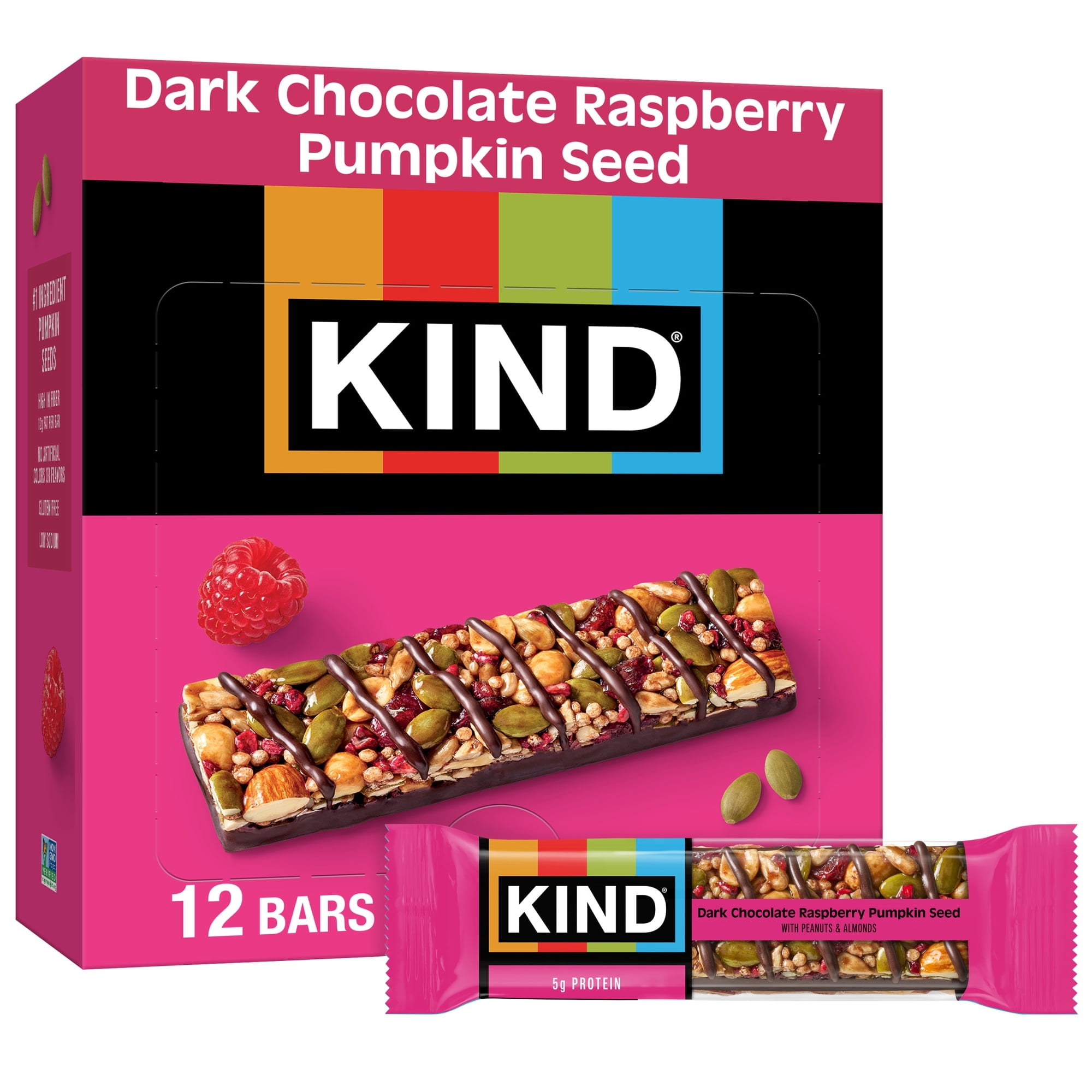 4 PACK KIND Seeds Fruit & Nuts Snack Bar, Dark Chocolate Raspberry Pumpkin Seed, 1.4 oz, 12 Count