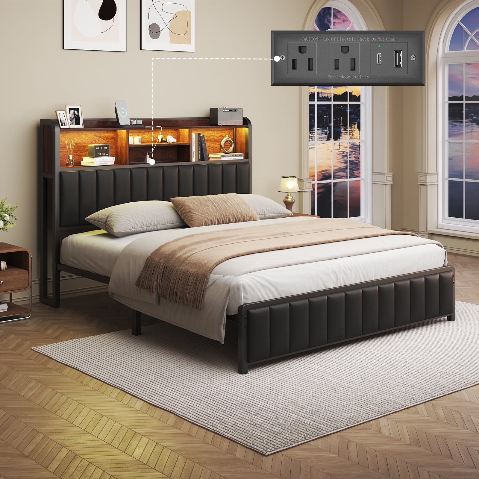 Metal Platform Bed Frame with Storage Headboard and Charging Station, Queen Size Bed with LED Lights, Faux Leather Upholstered Footboard, Under-Bed Storage, Noise-Free, No Box Spring Needed, Black