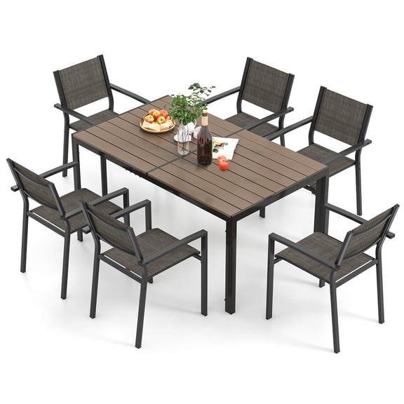 Gymax Set of 7 Dining Set w/ 6 Stackable Chairs & Large Rectangle Table Gray