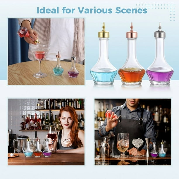 Set Of 3 Glass Bitters Bottles – With Dash Top, Atomizer & Dropper – Vintage Cocktail & Decor