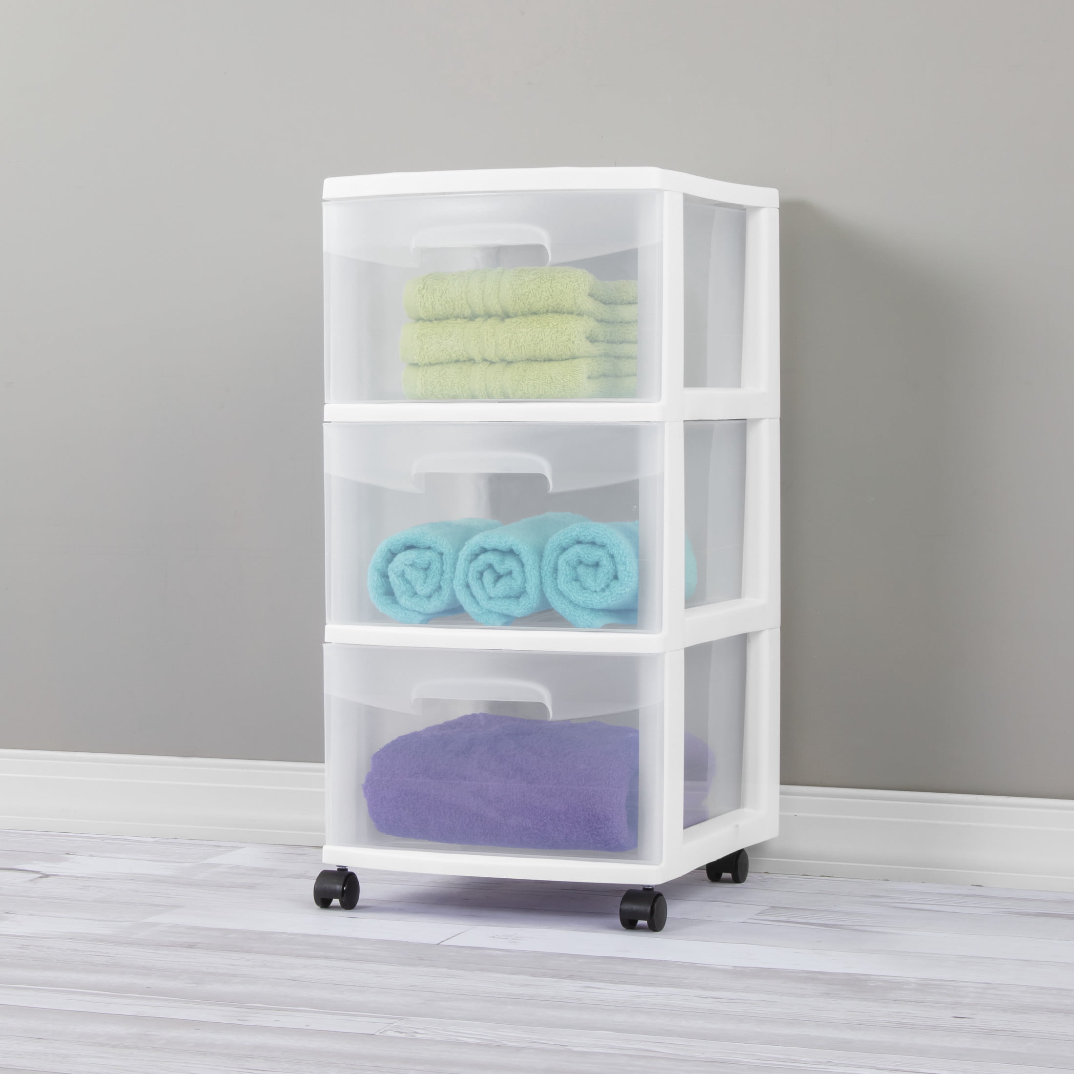 Sterilite 3 Drawer Medium Cart, Clear Plastic Storage Drawers, Wheels Included, White