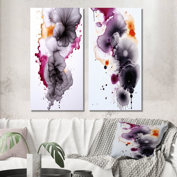 Designart "Ethereal Fluidity Magenta and Gold Ink Clouds III" Abstract Painting Wall Art Set Of 2 - Modern Blue Gallery Wall Set For Home Decor