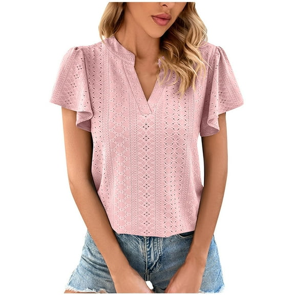 Scyoekwg Short Sleeve Shirts for Women Solid Color Eyelet V-Neck Ruffle Sleeve T Shirts Elegant Trendy Summer Tops Causal Comfy Loose Tops Pink XL