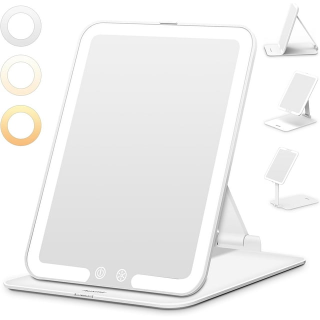 Rechargeable Travel Makeup Mirror Portable Travel Lighted Makeup Mirror with Color Modes Dimmable Compact Tabletop LED Vanity Mirror with Touch Screen