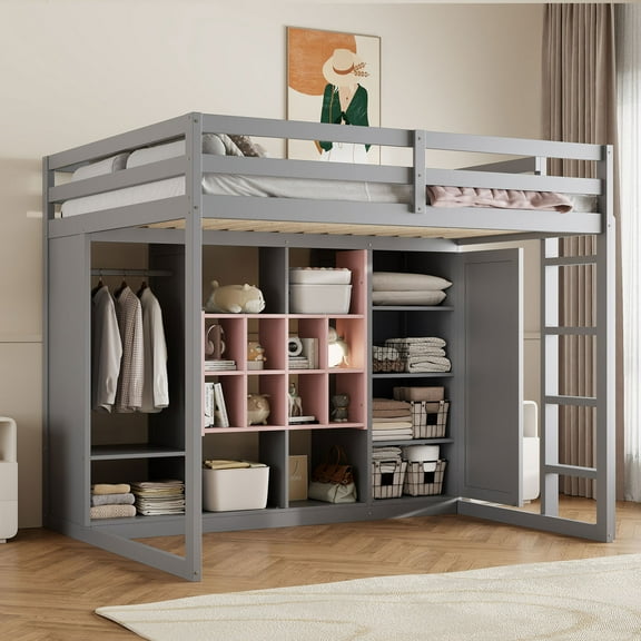 [Luckynote]Full Size Wood Loft Bed with Wardrobe, shelves and Cabinet, Gray Pink