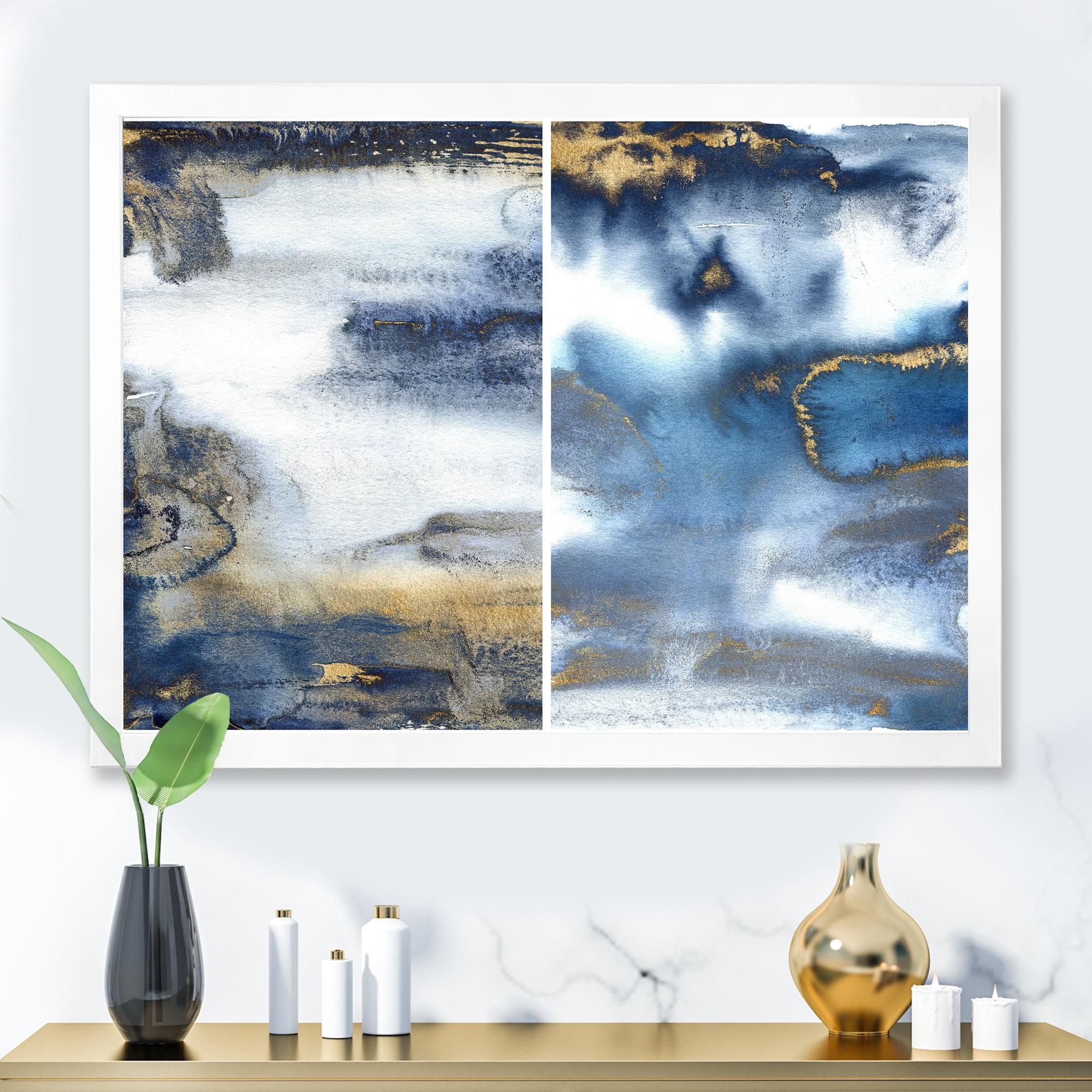 Designart 'Gold and Dark Blue Abstract Waves I' Modern Framed Art Print