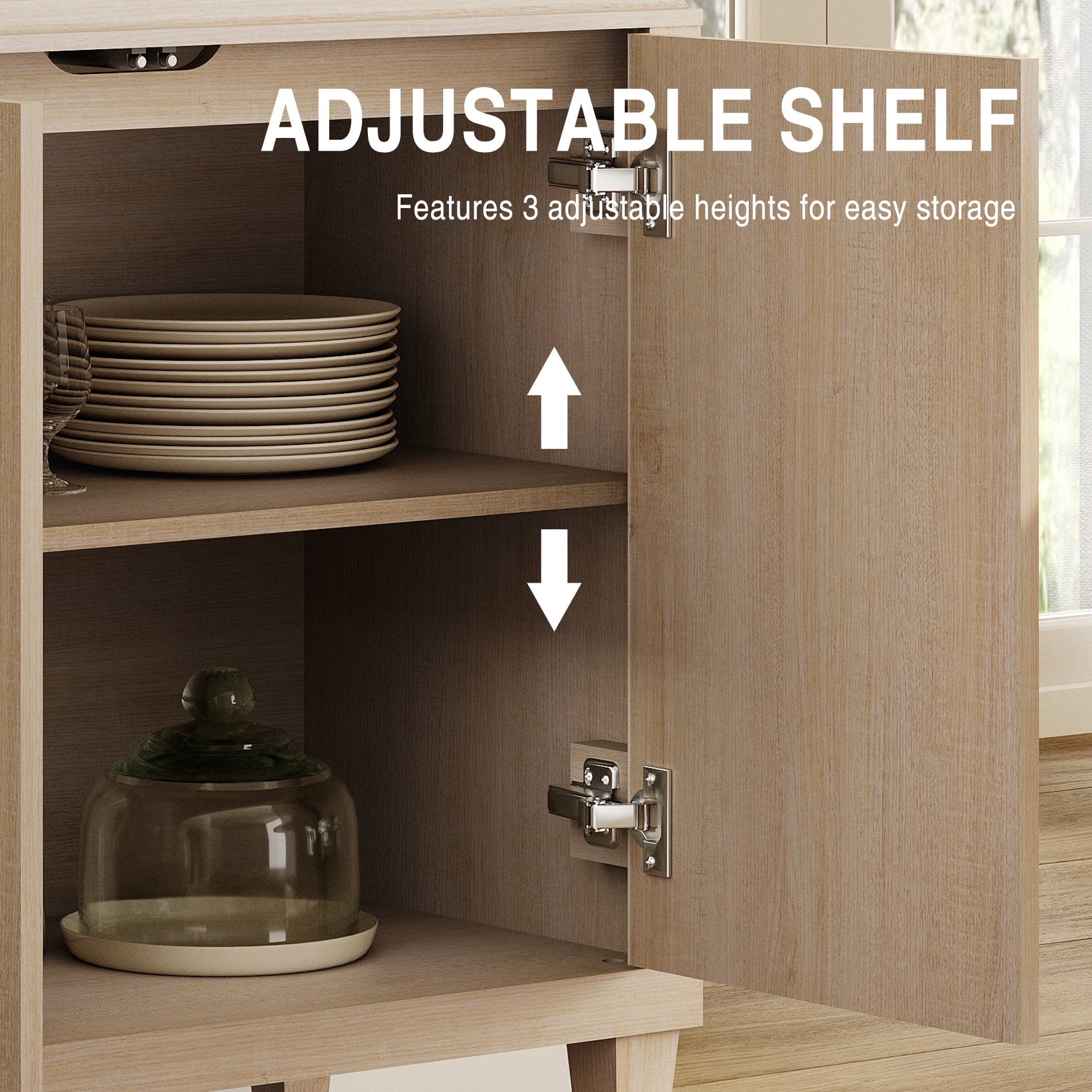 63" Oak Buffet Cabinet with Embossed Door, Modern Sideboard with Storage, Light Oak