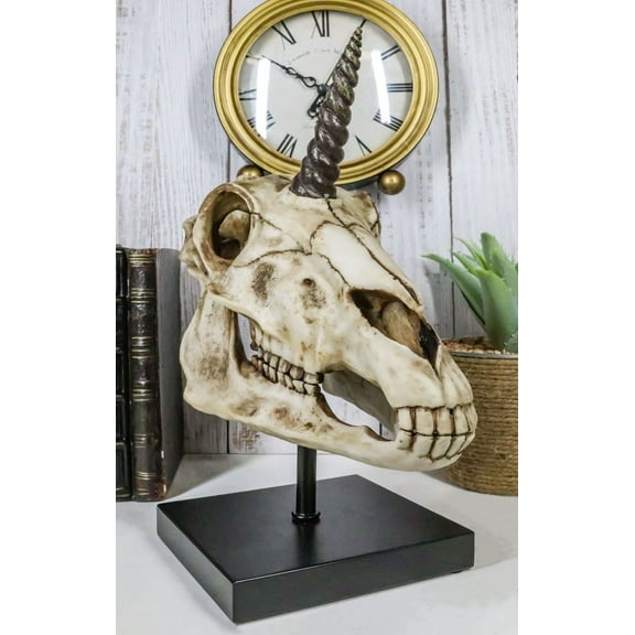Rare Fossil Unicorn Skull With Sacred Horn Skull Figurine On Museum Pole Mount
