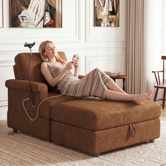 Gewnee 59" Oversized Chaise Lounge Chair Indoor with Ottoman, USB Ports&Phone Holder, Adjustable Indoor Lounge Chair for Living Room, Brown