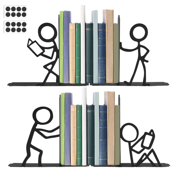 4 Pcs Decorative Bookends, Heavy Duty Metal Figure Book Ends for Shelves, Non-Slip Reading People Book Stopper, Black
