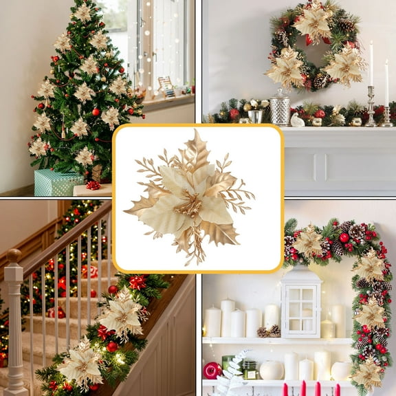 Anhility 6Pcs Artificial Christmas Poinsettia Flower Decoration 5.9" Christmas Tree Hanging Decorations for Xmas Wedding Holiday Party Wreath Floral DIY Crafts (Gold)