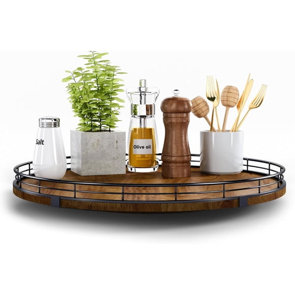 Farmhouse Oak 16" Lazy Susan Turntable Organizer for Cabinet, Round Wooden Lazy Susan Organization and Storage for Dining Table, Pantry, Kitchen, Countertop, Cupboard,Home Decor, Walnut Wood (16")