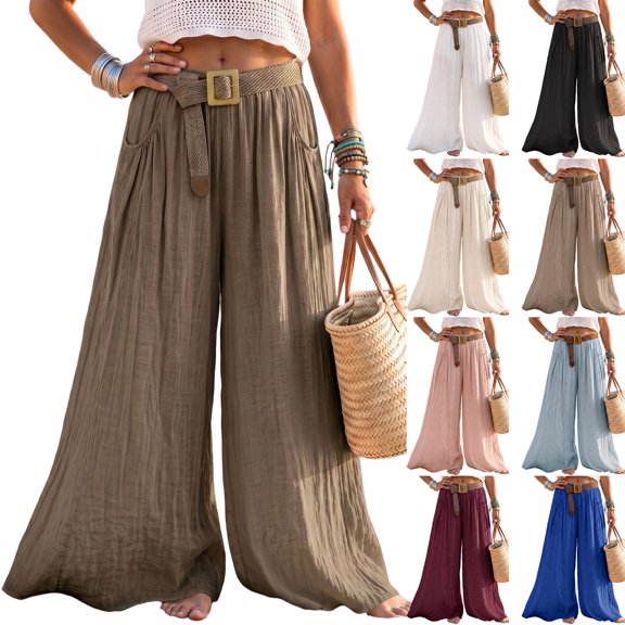 HAJWOH Women Boho Wide Leg Palazzo Pants, Elastic High Waist Flowy Crinkled Beach Trousers with Matching Belt & Pockets, Lightweight Summer Vacation Loose Fit Pants(Light Blue,XL)