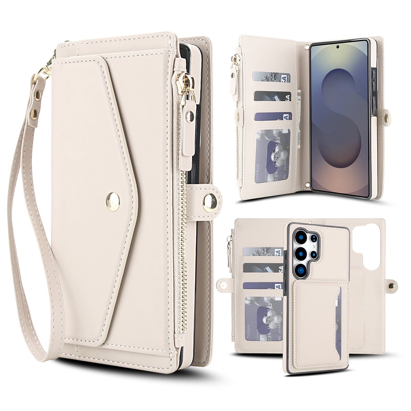 ELEHOLD 2-in-1 Case for Samsung Galaxy S26 Ultra, Crossbody RFID Detachable Magnetic Wallet Case, Shockproof Zipper Cover with Cash Slots,White