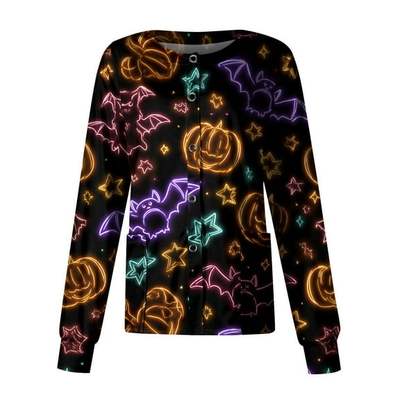 WTOBBY Women's Workwear Apparel Long Sleeve Single Breasted Halloween Print Nurse Top - Fashion Casual Design with Soft Fabric for Healthcare Professionals and Daily Wear,Black L