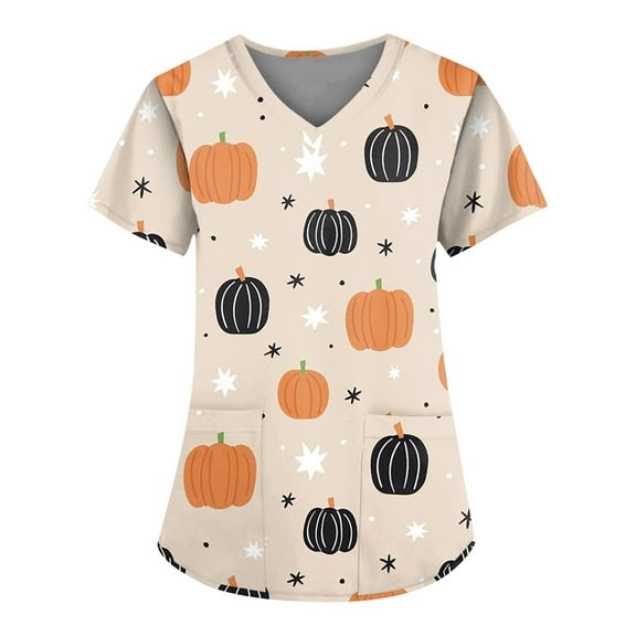 Stralyhd Halloween Scrub Tops Women Horror Bats, Ghosts Print Nurse Tops Plus Size V Neck Scrub Shirts Short Sleeve Stretchy Medical Uniforms with Pockets Khaki 5XL
