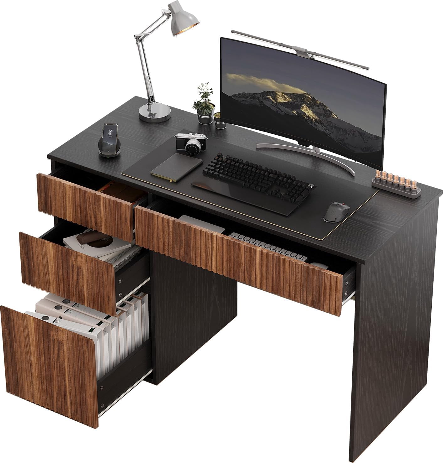 DreamCurship 48 inch Computer Desk with 4 Storage Drawers, Home Office Desks with Hidden Handle, Wooden Desk for Small Spaces, Black