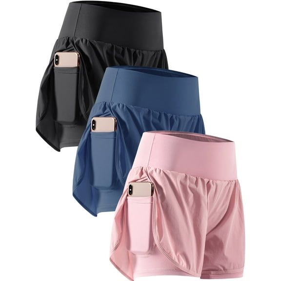 Cadmus 2 in 1 Women's Workout Shorts for Athletic Gym Running Shorts with Phone Pockets,3 Pack, Black,Navy,Pink,2XL