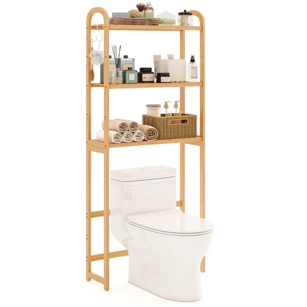 Topbuy Over The Toilet Storage Shelf 3-Tier Bamboo Bathroom Organizer with 3 Hooks