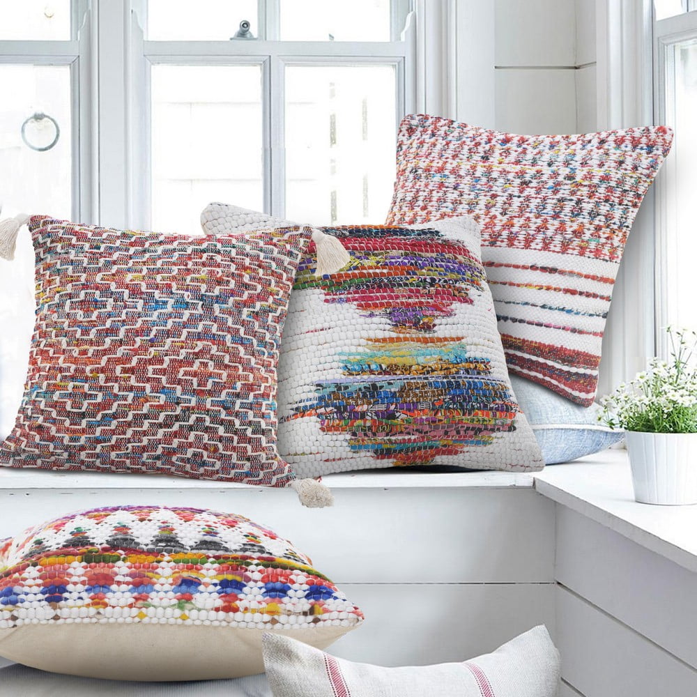 Ox Bay 20" x 20" Hand-Woven Red/ Multicolored Geometric Cotton Blend Pillow Cover