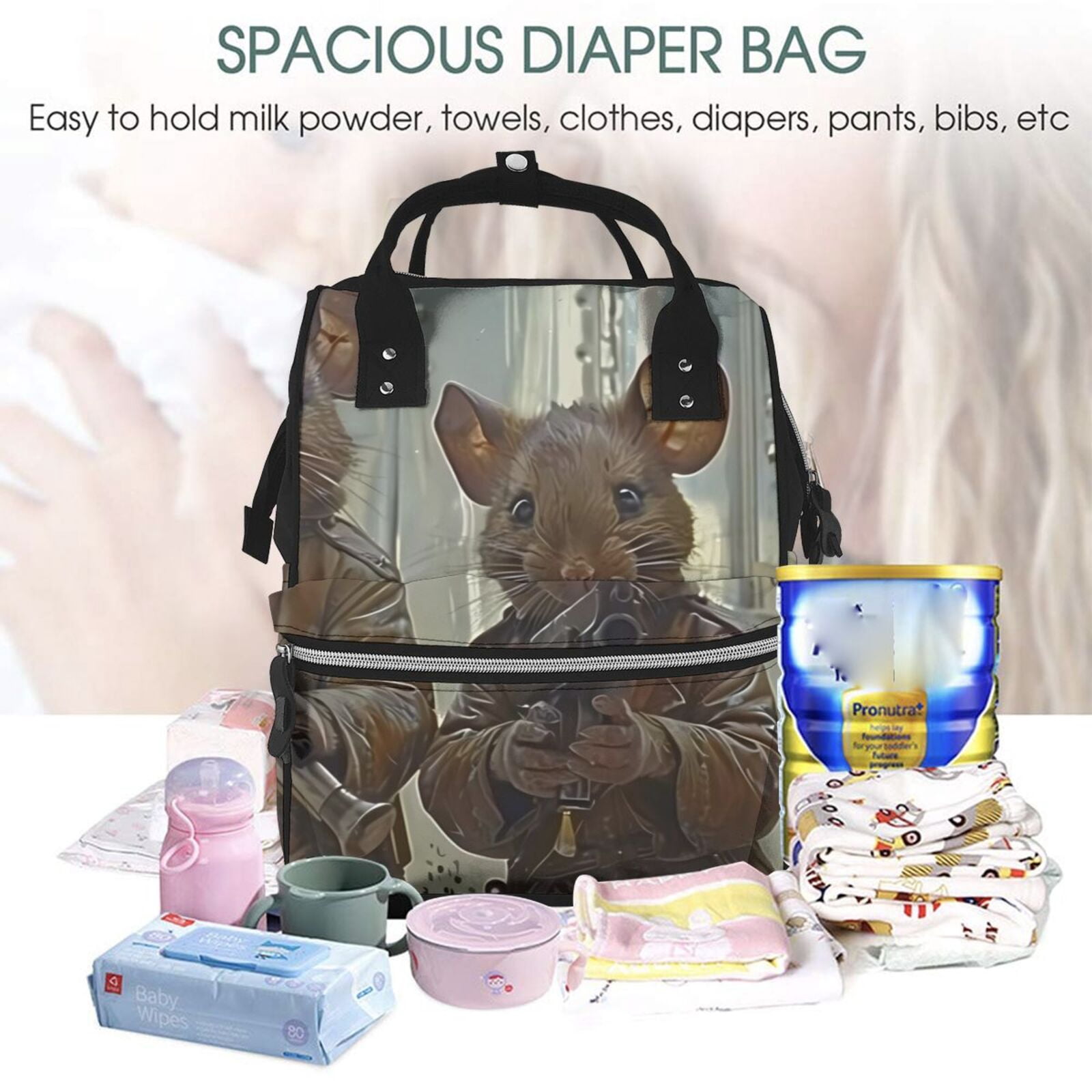 Fuzoiu Steampunk Space Mice Warriors Print Diaper Bag Backpack,Baby Essentials Travel Tote,Multi function Waterproof Diaper Bag, Travel Essentials Baby Bag - Unisex