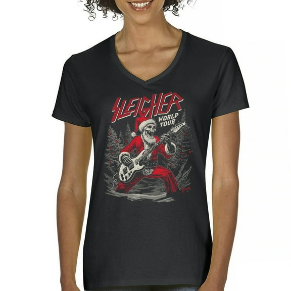 Sleigher World Tour Women's V-Neck T-shirt Santa Claus Skeleton Rock and Roll Legend Guitar Band Christmas Tree Xmas Tee