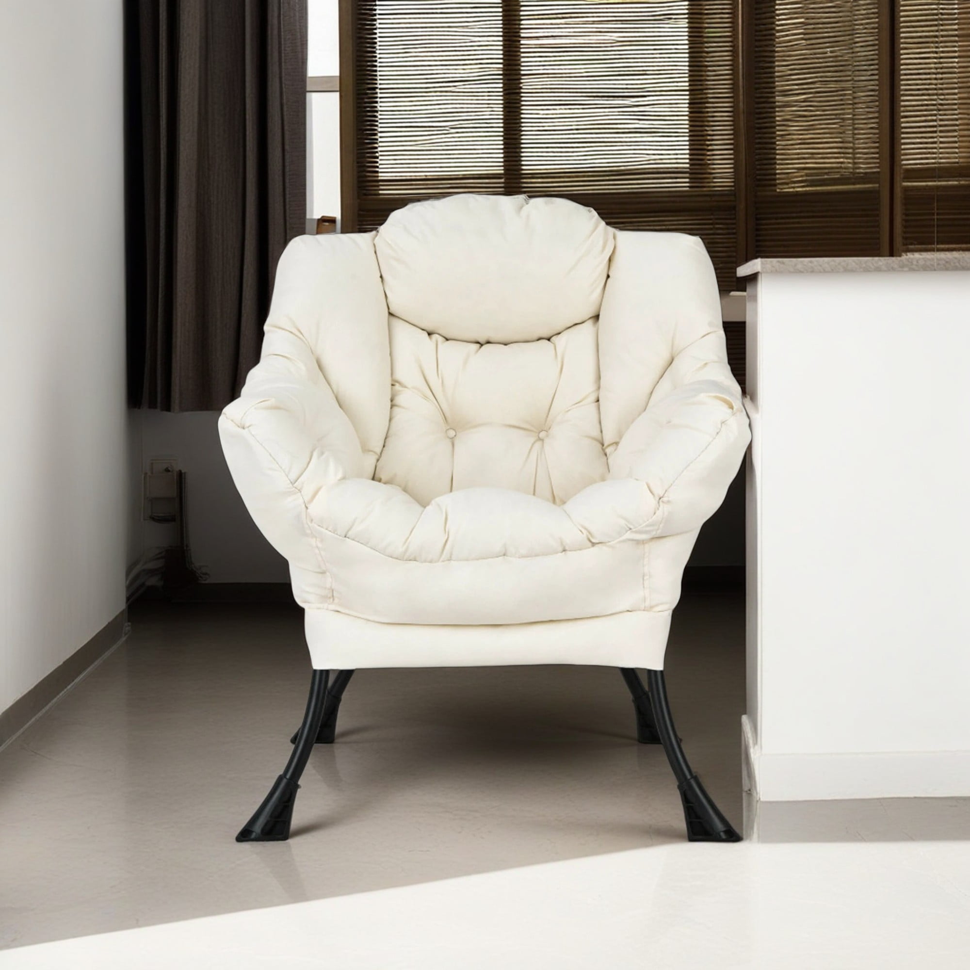 Demi Bonn Polyester Fabric Large Lazy Chair, Modern Accent Oversized Comfy Reading with Steel Frame and Side Pocket, for Living Room, Bedroom, Dorm, Beige