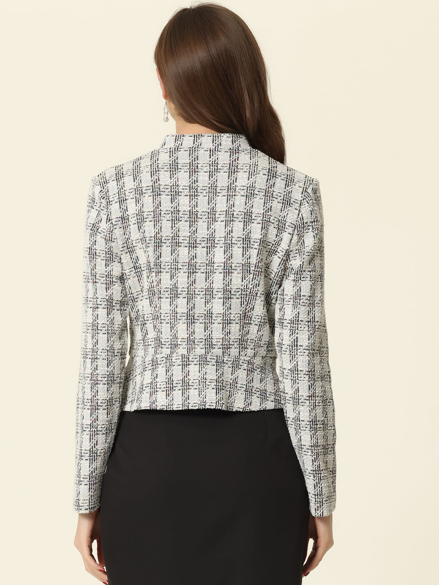 DARING DIVA Women's Elegant Stand Collar Business Plaid Tweed Blazer L White